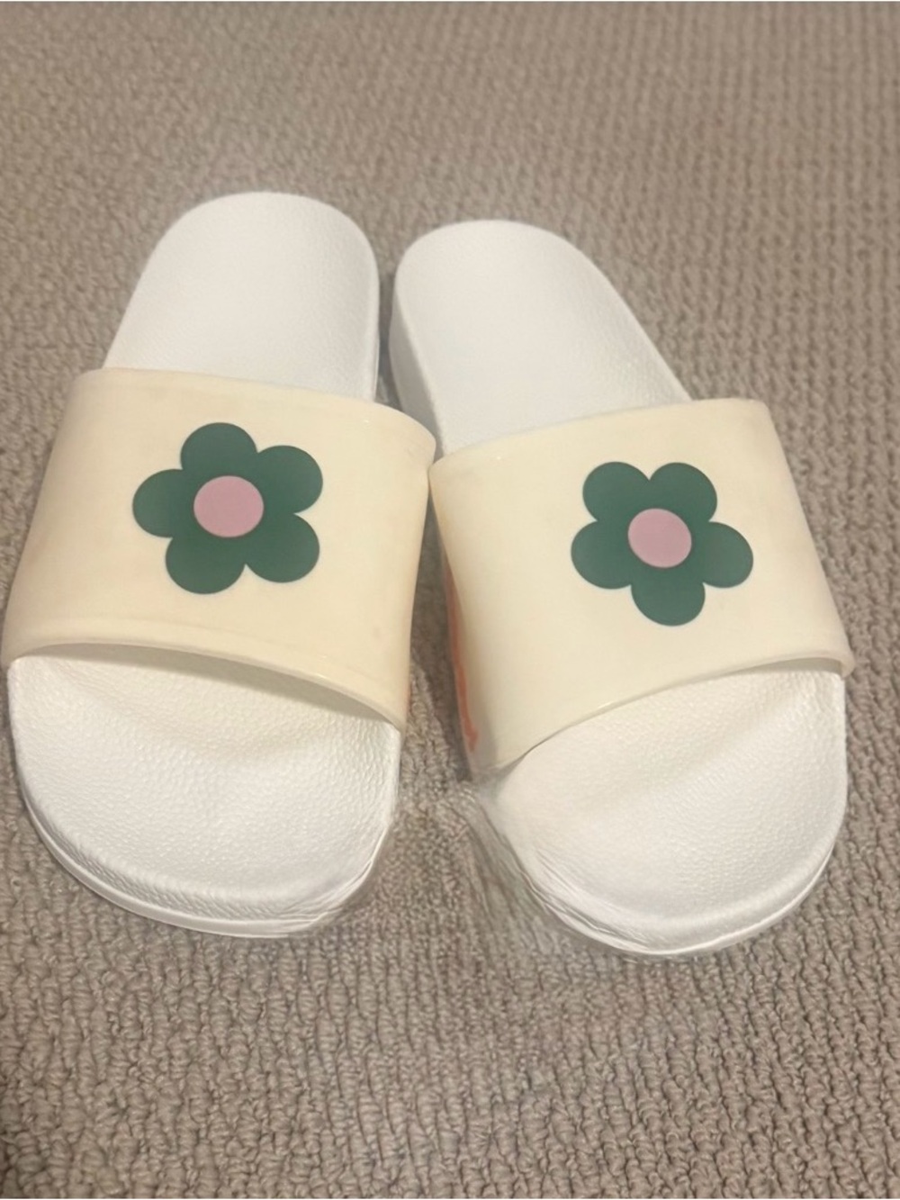 CJ Hendry Flower Market Cream Slide Sandals with Green & Pink Flower Accent